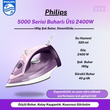 Philips 5000 Serisi Buharlı Ütü 2400 W, 180 G Şok Buhar, 40 G/dk Sürekli Buhar, DST5020/30