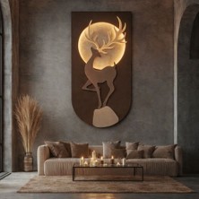Zesiba Ledli Ahşap Geyik Figürlü Doğa Temalı Duvar Dekoru 80 x 40 cm Ev Ofis Salon Çocuk Odası Dekorasyonu