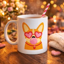Sevimli Corgi Desenli Porselen Kupa Model 44 – Kalpli Gözlüklü Köpek Tasarımlı, Eğlenceli &amp; Hedi