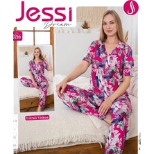 Jessi Kadın Kısa Kollu Düğmeli Pijama Takımı Tropikal Desenli Yazlık Rahat Ev Giyimi