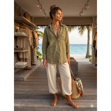 CGA Keten Kadın Gömlek Haki Keten Gömlek