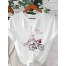 Punix Büyük Beden Özel Seri Paris' Te Yaz Baskılı %100 Pamuk Oversize Şık Kadın Battal T-Shirt