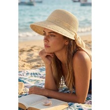 Ritagarcia Kadın Hasır Güneş Şapkası Arkası Fiyonklu Ayarlanabilir Plaj Şapkası
