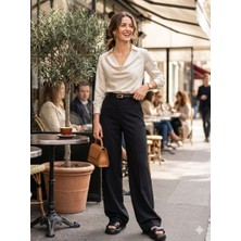 CGA Kadın Siyah Pantolon Yanı Fermuarlı Bol Paça Pantolon