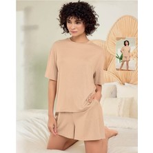 Aydoğan Kadın Basic Kısa Kollu Şortlu Fitilli Ribana Pijama Takımı Lyocell