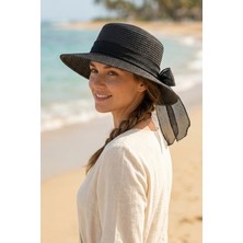 Ritagarcia Kadın Geniş Siperli Hasır Şapka Fiyonk Detaylı Tüllü Plaj Şapkası