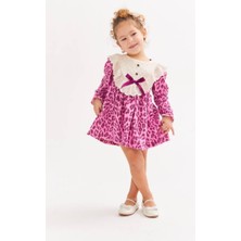 HaanBebe Kız Çocuk Fuşya Leopar Desenli Dantel Yakalı ve Fiyonk Detaylı Elbise