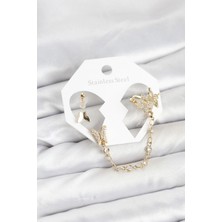 Sylar Pirinç Gold Renk Kelebek Model Zincir Bağlantılı Ear Cuff Küpe Seti