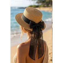 Ritagarcia Kadın Geniş Siperli Hasır Şapka Fiyonk Detaylı Tüllü Plaj Şapkası
