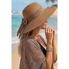 Ritagarcia Kadın Leopar Kuşaklı Geniş Siperli Hasır Şapka Fiyonk Detaylı Plaj Şapkası