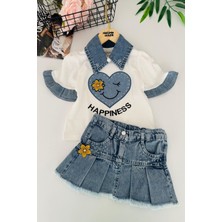 Miniğimin Cicileri Happines Çiçek Detaylı Etekli Kız Çocuk 2 Li Takım - Mavi