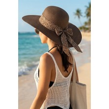 Ritagarcia Kadın Leopar Kuşaklı Geniş Siperli Hasır Şapka Fiyonk Detaylı Plaj Şapkası