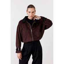Facette Kadife Yaka Bomber Süet Ceket Bordo
