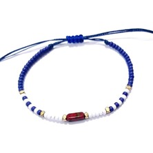 Funny Takı Hematit Doğaltaşlı Kırmızı Çek Cam ve Lacivert Beyaz Miyuki Round Boncuklu Bileklik