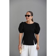 Purple By Banu Siyah Balon Kol Yırtmaçlı Bluz