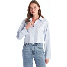 LC Waikiki Xsıde Mavi Çizgili Crop Poplin Kadın Gömlek