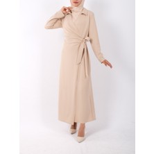 Modamorfo Önü Çift Kat Yandan Bağlamalı Elbise -Bej