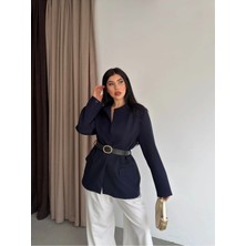 Vesantia Kadın Lacivert Kemer Bağlamalı Astarlı Blazer Ceket