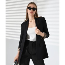 Vesantia Kadın Siyah Leopar Astar Detaylı Blazer Ceket