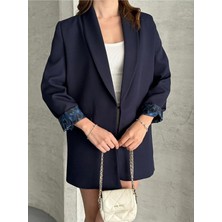 Vesantia Kadın Lacivert Leopar Astar Detaylı Blazer Ceket