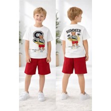 Punix Kids Özel Seri Summer Sörfçü Ayıcık Sırt Baskılı %100 Pamuk Erkek Çocuk T-Shirt Şort Takımı