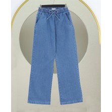 Moda Morfo Beli Lastikli Cepli Bol Paça Kot Pantolon -Mavi