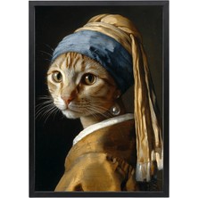 Inci Küpeli Kedi Kahverengi Çerçeveli Tablo