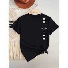 Kids Face Özel Tasarım Dört Kalp Baskılı %100 Pamuk Kız Çocuk Modern T-Shirt