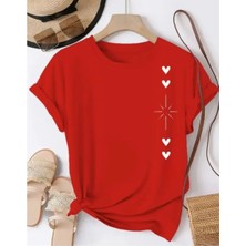 Kids Face Özel Tasarım Dört Kalp Baskılı %100 Pamuk Kız Çocuk Modern T-Shirt