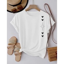 Kids Face Özel Tasarım Dört Kalp Baskılı %100 Pamuk Kız Çocuk Modern T-Shirt