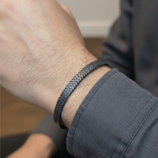 Valmont Accessories Hematit Taşlı Antrasit Erkek Bileklik Mat Zikzak Desenli Minimal Modern Bileklik