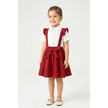 Zubi Baby & Kids Wear Kız Çocuk Fiyonklu Askılı Salopet Etek ve Gömlek Seti - Kırmızı (5-14 Yaş)