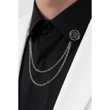 Rodyum Renk Siyah Taşlı Zincirli Gömlek & Ceket & Damatlık & Yaka Iğnesi