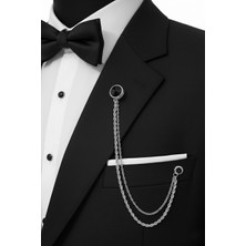Godfroy Rodyum Renk Siyah Taşlı Ceket & Damatlık & Blazer Zincirli Yaka Aksesuarı