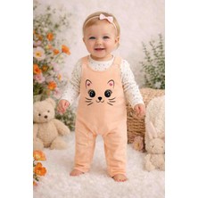 Aytini Kedi Baskılı Fitilli Mevsimlik Kız Bebek Salopet Takımı Tulum