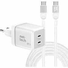Boğazören Ikili Şarj Başlığı Adaptörü Cihazı 67W Turbo Hızlı Şarj Aleti ve Iki Ucu Type-C 100W Şarj Kablosu