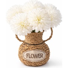 Aşkana El Yapımı Vintage Tasarım Doğal Hasır Vazo,17 Cm,dekoratif Flower Yazılı Bohem Rattan Saksı,çiçeklik