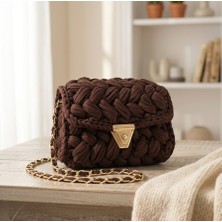 Home Art Paris Özel Tasarım El Yapımı Kahverengi Örgü Omuz Çantası – Gold Zincir Askılı Penye El Çantası – Şık ve Bohem Gece Çantası