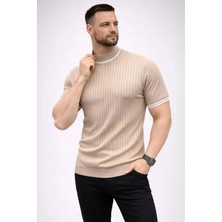 Civetta Erkek Fitilli Triko Dokuma Kısa Kol Tişört Yarım Boğaz Modern Yazlık T-Shirt - Bej