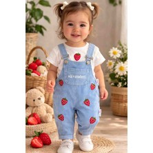 Baby Buu Çilek Desenli Kot Kız Bebek Bayramlık Salopet Bahçıvan Takımı