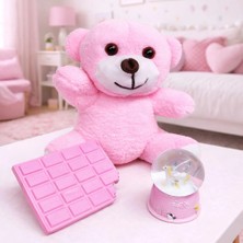 Pembe Peluş Ayıcık, Kar Küresi ve Pembe Çikolata Not Defteri Hediye Seti