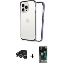 İlk El Grup Ieg™ iPhone 15 Pro Max Pusula Asil Koleksiyonu - Şeffaf 360 Full Body Arka Koruyucu + Gümüş Raze Metal Kamera Lens