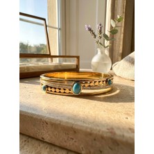 Meneva Aksesuar Turkuaz ve Zirkon Taş Detaylı Altın Gold Renk Paslanmaz Çelik Kelepçe