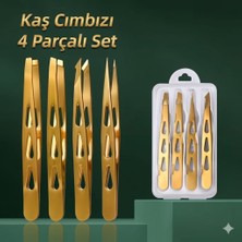 YYB Profesyonel 4'lü Kaş Cımbız Seti - Altın Renkli Paslanmaz Çelik Şık Taşıma Kutulu Set