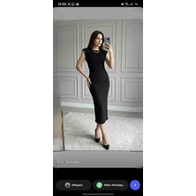 Yaba Taş Detaylı Bisiklet Yaka Yırtmaçlı Midi Elbise