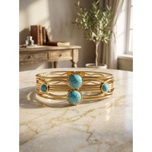 Meneva Aksesuar Dörtlü Turkuaz Taşlı Kafes Tasarım Altın Gold Renk Paslanmaz Çelik Kelepçe