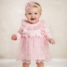 Miniborn Kız Bebek Dantelli Tüllü Elbise %100 Pamuk Uzun Kollu