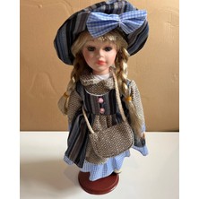 Mavi Su Dünyası Kumaş Kıyafetli Porselen Bebek 30 cm Özel Üretim Mavi Puantiyeli