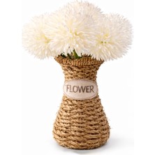 Aşkana El Yapımı Vintage Tasarım Doğal Hasır Vazo,18 Cm,dekoratif Flower Yazılı Bohem Rattan Saksı,çiçeklik