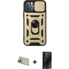 İlk El Grup Ieg™ iPhone 12 Pro Ahenk Klasik - Siyah 3D Antistatik Hayalet Cam Ekran Koruyucu + Gold Rainbow Kamera Lens Koruma Cam